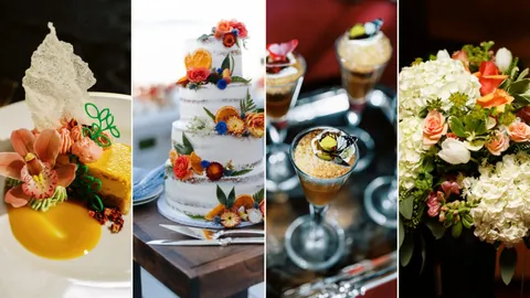 Four-panel FDZ Hospitality Group collage showing plated culinary work, a wedding cake, catered desserts, and floral decor