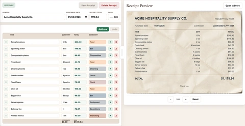 Synthetic FDZ receipt review workbench showing an itemized source receipt beside editable extracted purchase lines and category selections