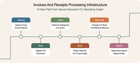 Invoice workflow showing collection, digitization, line-item extraction and categorization, audit storage, missing-record reconciliation, and departmental spending against sales