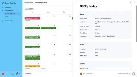 Orion owner portal with an event calendar, event details, and confirmed or open staff roles