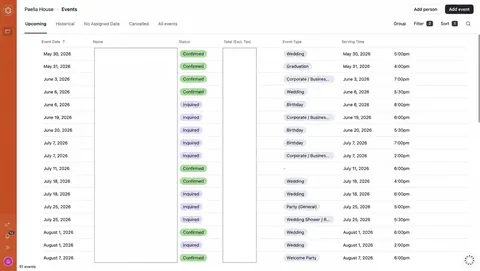 Paella House events pipeline showing upcoming events, statuses, event types, and serving times