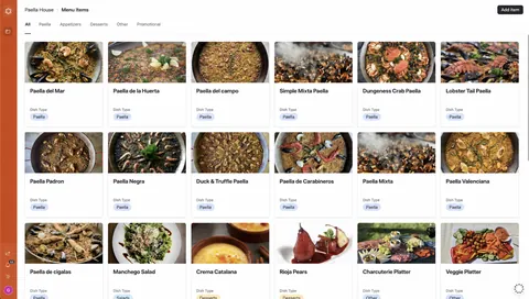 Paella House menu catalog with paellas, salads, desserts, and platter items