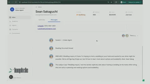 The recorded Suite Dreams demonstration shows an incoming wedding inquiry and the intake agent’s activity.