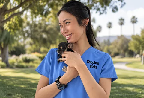 A Vaccine Vets team member in blue scrubs holding a puppy outdoors